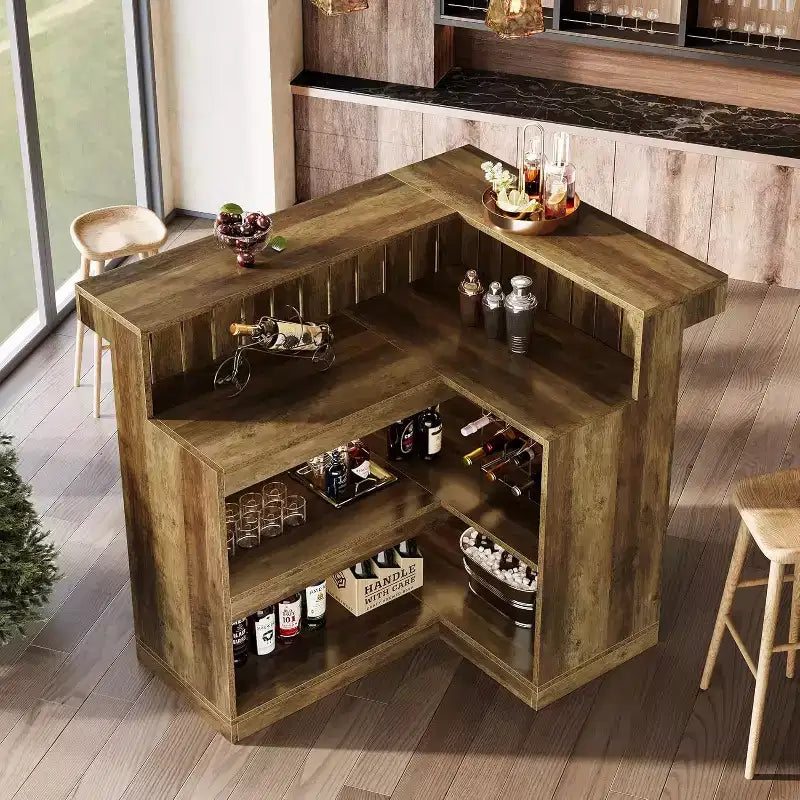 Mobile bar a L Lantine, tavolo da bar angolare a 4 ripiani con mensole e porta calici da vino per pub domestico