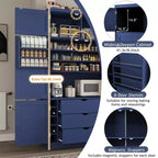 Dispensa Alta da Cucina con Prese di Corrente, Grande Credenza Autoportante con Supporto per Microonde, Cassetti, Scaffali, Portabottiglie e Ante con Ripiani
