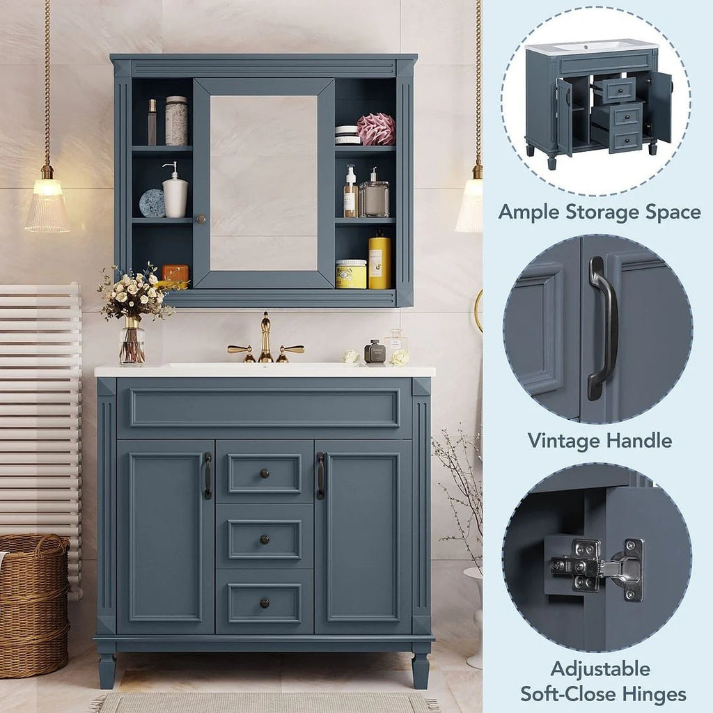 Mobile Bagno Moderno da 90cm con Lavabo Integrato e Specchiera, 2 Ante e 2 Cassetti