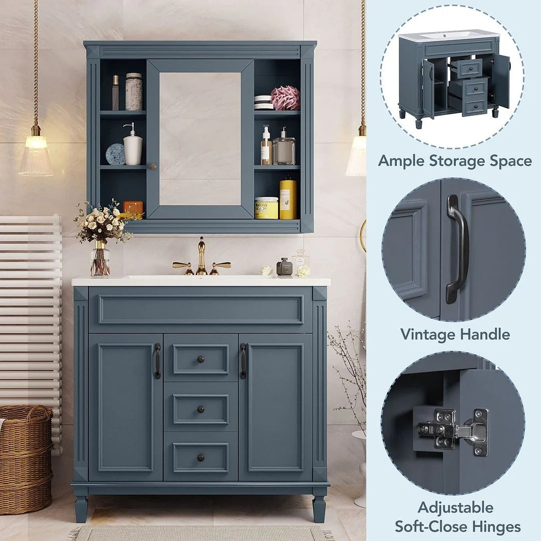 Mobile Bagno Moderno da 90cm con Lavabo Integrato e Specchiera, 2 Ante e 2 Cassetti