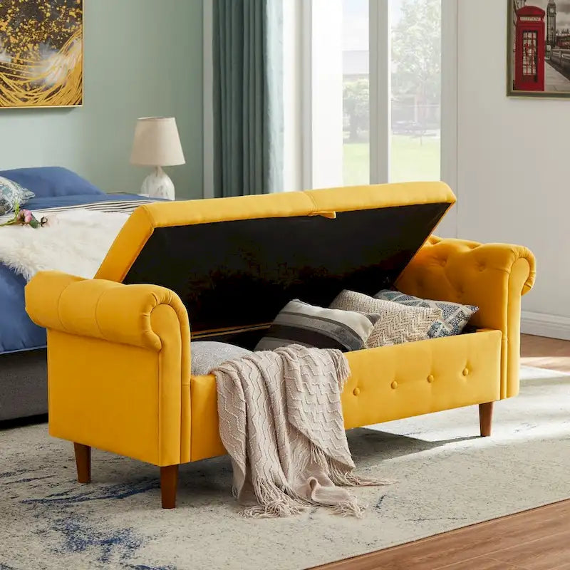 Panca contenitore per camera da letto, fondo letto, con braccioli arrotolati, in velluto, divano ottomana, panca lunga