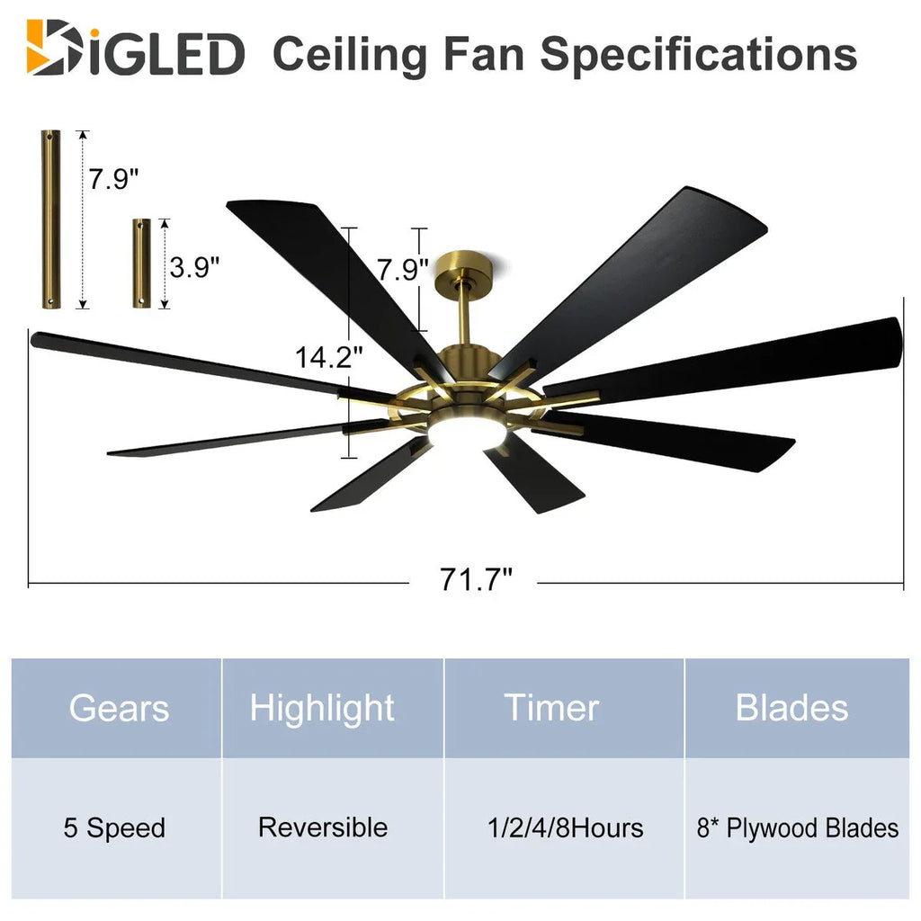 Ventilatore da soffitto con luci telecomandato e 8 grandi pale in legno