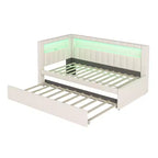 Letto da Giorno Twin/Full con Letto Estraibile e Testiera a Libreria a L, Letto Angolare Imbottito in Lino con Ripiani Portaoggetti e Cinghia a LED