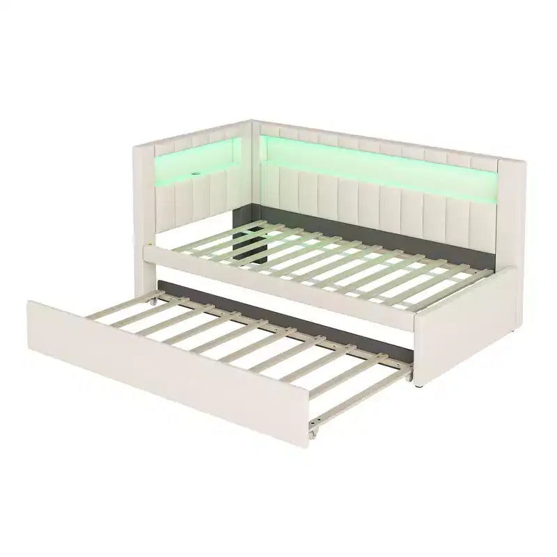 Letto da Giorno Twin/Full con Letto Estraibile e Testiera a Libreria a L, Letto Angolare Imbottito in Lino con Ripiani Portaoggetti e Cinghia a LED