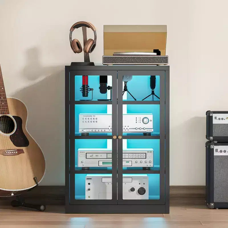 Bekrvio Mobiletto in Metallo, Mobile Stereo a 4 Livelli con Ante in Vetro e Ripiani Regolabili, Rack Audio AV con Gestione Cavi