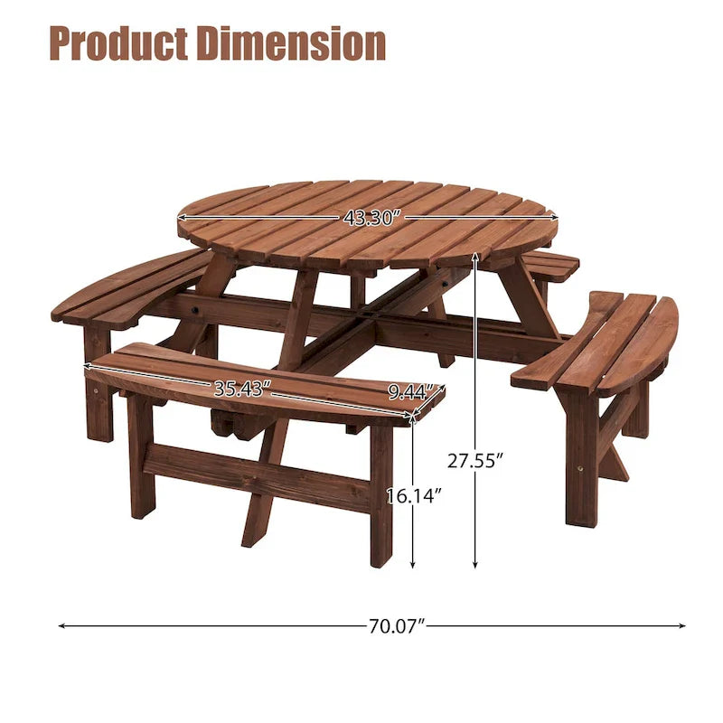 Set da pranzo rotondo da picnic per 8 persone in legno di abete da esterno con 4 panche integrate e foro per ombrellone
