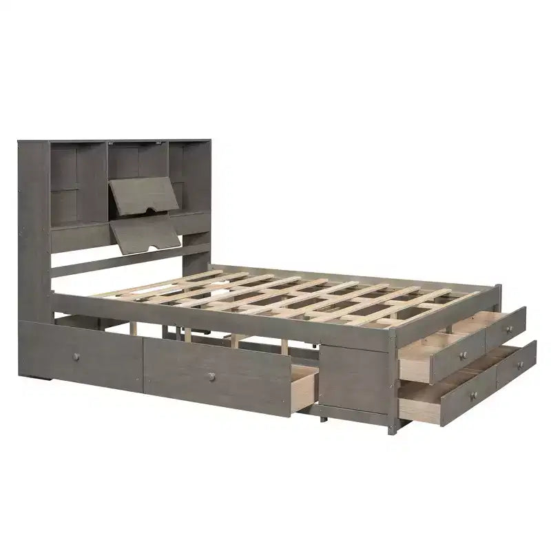 Letto a piattaforma Queen Size con ripiano portaoggetti e 8 cassetti, facile da montare