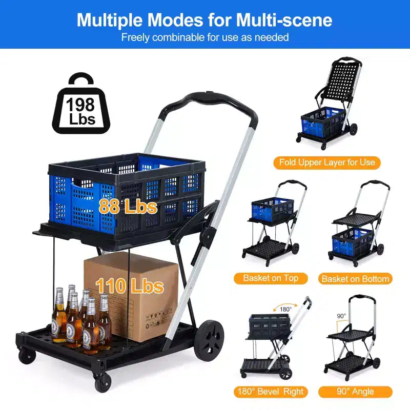 Carrelli della spesa pieghevoli a 2 livelli per la spesa, capacità 90 kg, carrello per la spesa portatile pieghevole con ruote e cassa rimovibile per centro commerciale, blu