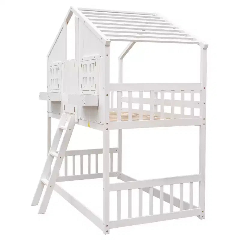 Letto a soppalco a forma di casetta con scaletta e spondine per bambini, in legno, misura singola