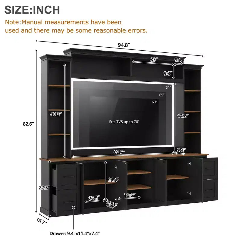 ModernLuxe Mobile TV da Parete 4 in 1 per Stile Rustico, Adatto a TV Fino a 70 Pollici, Consolle Multimediale con Ripiani Regolabili e Cassetti