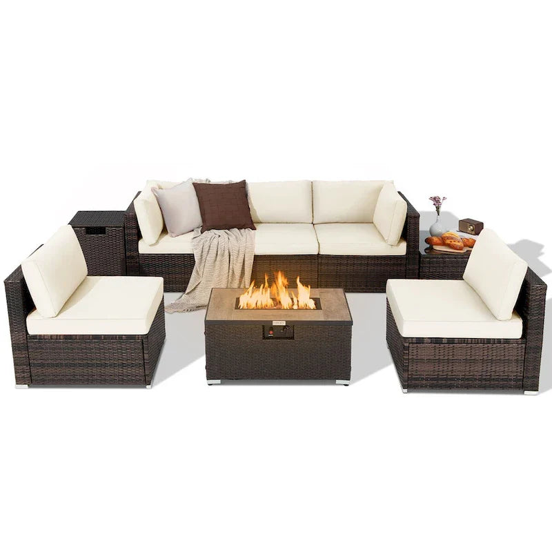 Set di mobili da giardino in rattan da 8 pezzi con braciere, supporto per bombole e copertura