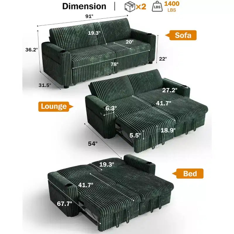 Divano Letto Sezionale Dyonery 91 con Letto Estraibile, Schienale Reclinabile/Due Letti Estraibili/Porte USB/Portabicchieri, Velluto a Coste Peluche