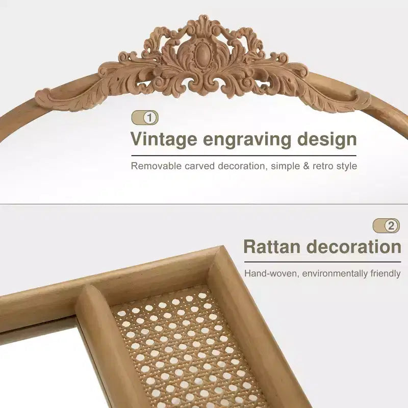 Specchio da parete marrone con cornice in legno ad arco intagliata classica e base in rattan, 37 pollici L x 71 pollici A