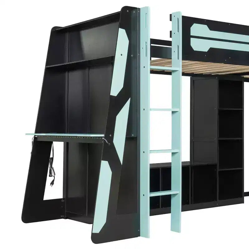 Letto a soppalco a L da gaming con scrivanie, letti a soppalco doppi con luci LED, porte USB, scaffali portaoggetti, letto a soppalco ad angolo in legno per 2