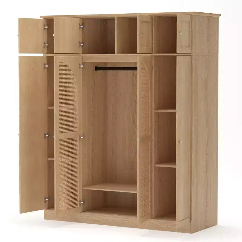 Armadio Guardaroba a 8 Ante di Grande Capacità, Alto 180 cm, con Asta Appendiabiti, Ripiani Regolabili e Ante Decorative in Rattan