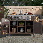 Isola Cucina da Esterno, Carrello Bar con Ruote e Mobile Contenitore, Tavolo per Barbecue in Legno Massello con Piano in Acciaio Inox, Porta Spezie, Porta Asciugamani