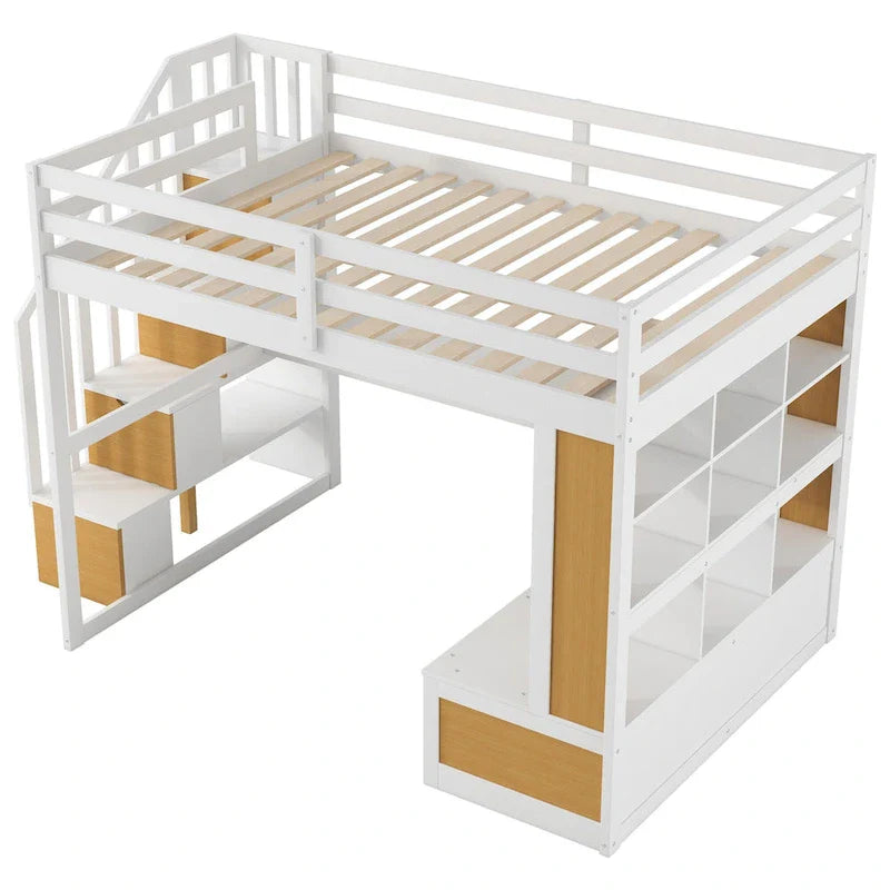 Letto a soppalco in legno massello naturale + bianco con scrivania e cassetti
