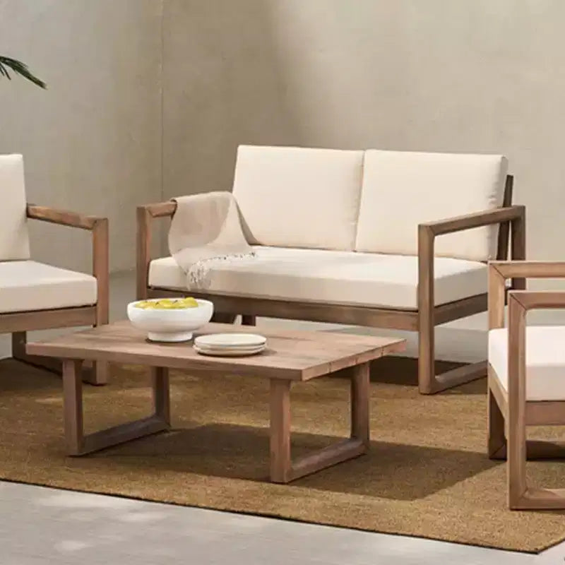 Set Mobili da Patio in Legno di Acacia, Set Conversazione per Esterni con Tavolino da Caffè e Morbidi Cuscini per Giardino, Portico e Balcone, Beige - Merax