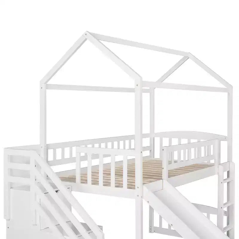 Letto a soppalco a castello con scivolo e scale, letto a soppalco con cassetti contenitori, letto a soppalco in legno a capanna per bambini e neonati