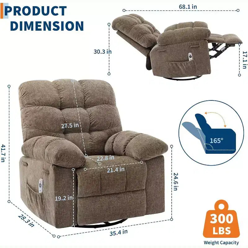 Poltrona Reclinabile Massaggiante con Calore - Girevole a 360°, Dondolo, Divano Singolo Oversize con Vibrazione, USB e Tasche Contenitore per Soggiorno/Camera da Letto