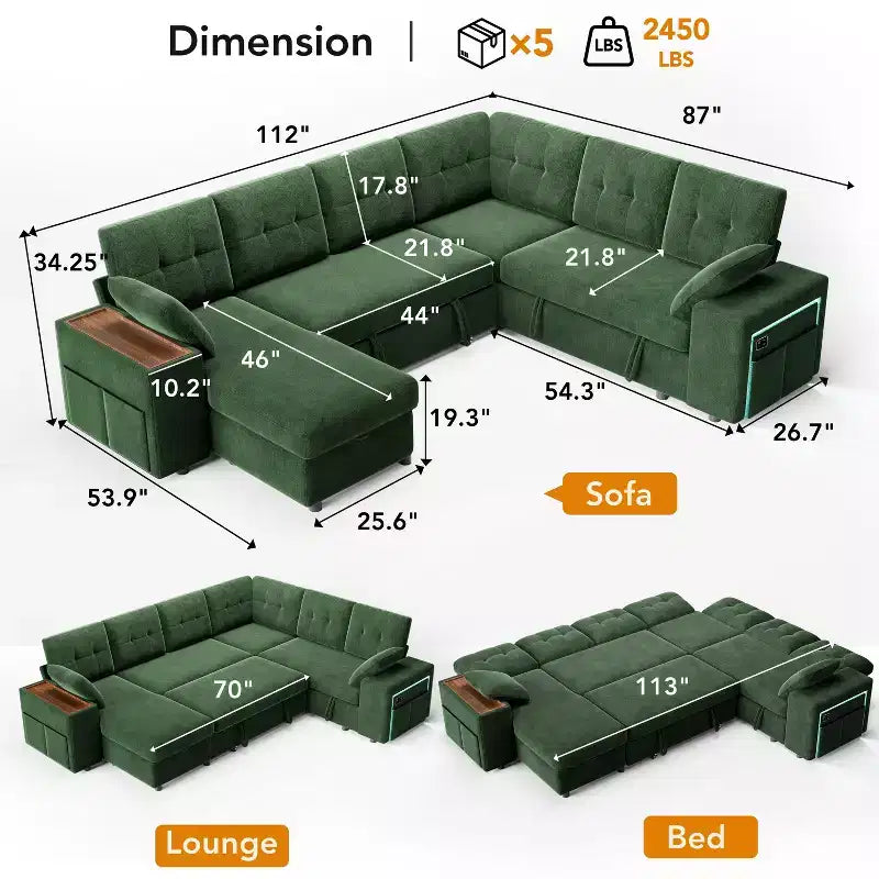 Divano letto componibile modulare Dyonery 112 con letto estraibile, divano componibile a U con contenitore, divani con seduta extra ampia e profonda per soggiorno