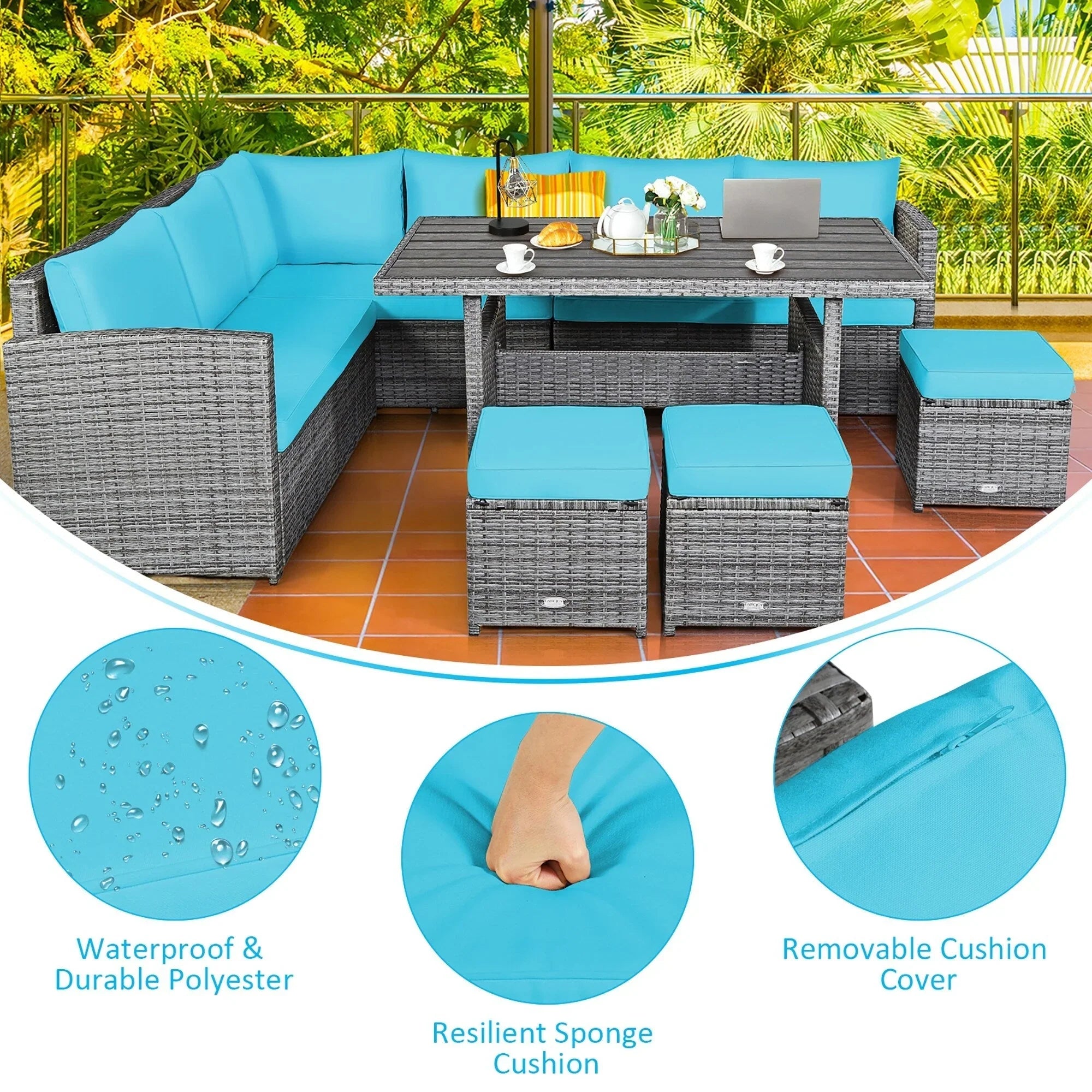 Costway Set da pranzo da 7 pezzi in rattan per esterni Divano componibile ottomano - Vedi dettagli