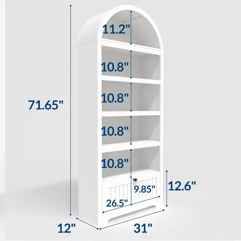 Libreria ad arco da 72 pollici con cassetto portaoggetti, mobile espositivo moderno a 6 ripiani in legno con ripiani aperti e cassetto inferiore, anta curva dell'armadio