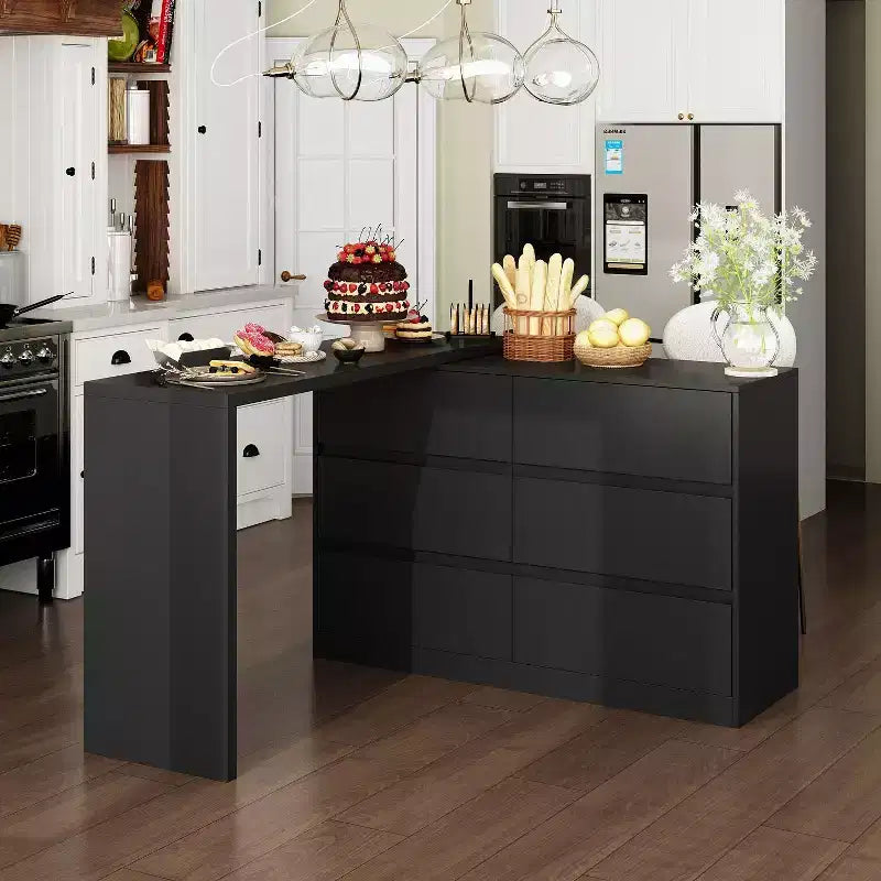 Credenza/Mobile Buffet Intelligente Girevole/Allungabile con 6 Cassetti, Piano d'Appoggio Estensibile, Tappetino Antiscivolo, Tavolo da Pranzo Girevole, Dispensa ad Isola per Cucina