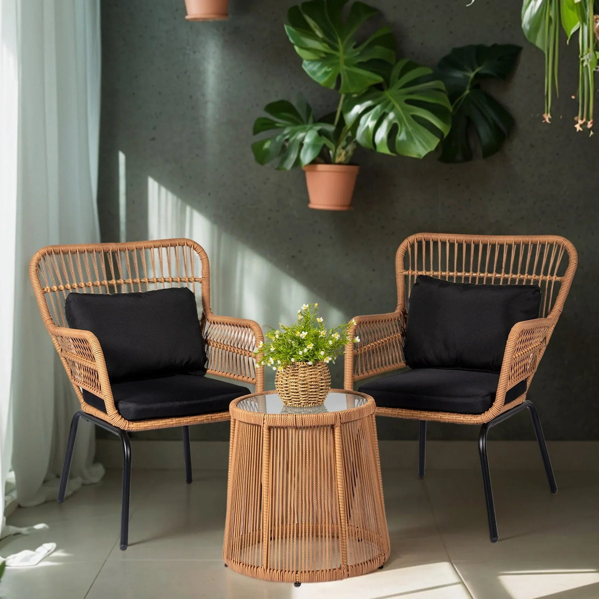 Set da Bistrò per Conversazione da Esterno a 3 Pezzi in Vimini, Set di Sedie da Patio in Rattan per Tutte le Stagioni con Cuscini