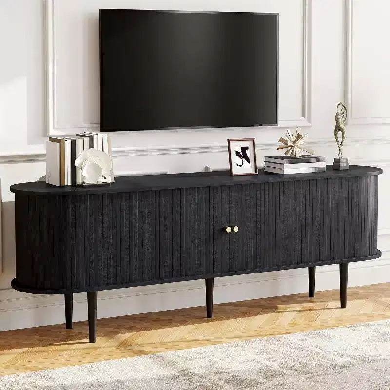 Mobile TV AMERLIFE 70 con gambe in legno massello, Consolle TV moderna di metà secolo con anta a tamburo