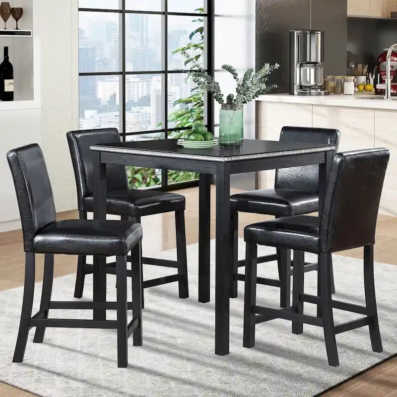 Set da pranzo moderno di 5 pezzi con tavolo quadrato ad altezza bancone e 4 sedie imbottite