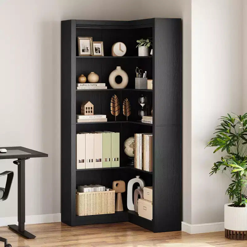 Libreria angolare a 5 ripiani a forma di L, in stile retrò, Bianco/Nero/Legno, singola