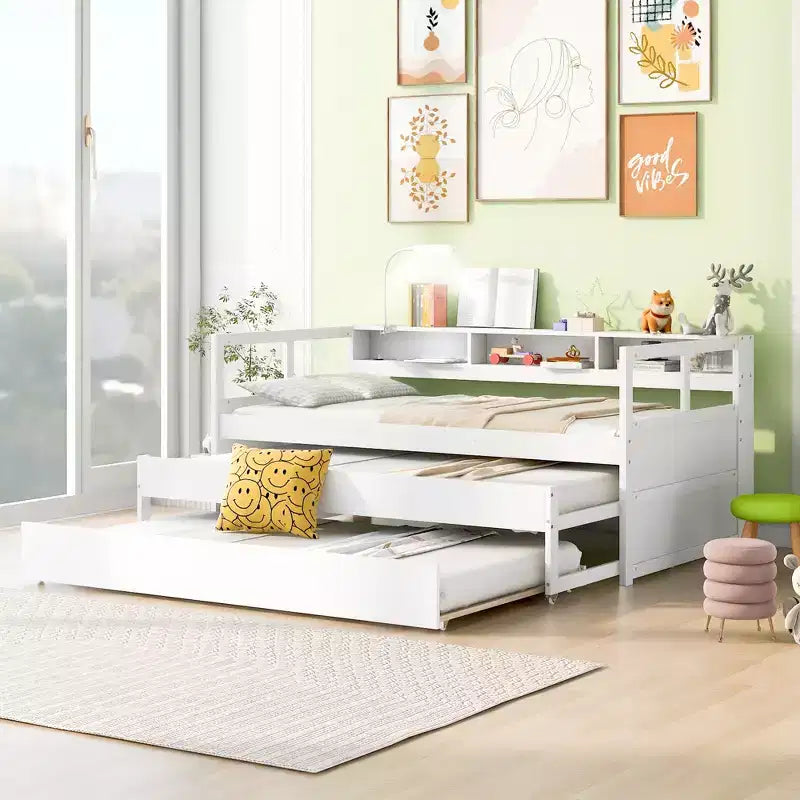 Whisen Twin XL Daybed in Legno con 2 Letti Estraibili, 3 Vani portaoggetti, 1 Luce Gratuita e USB per la Ricarica