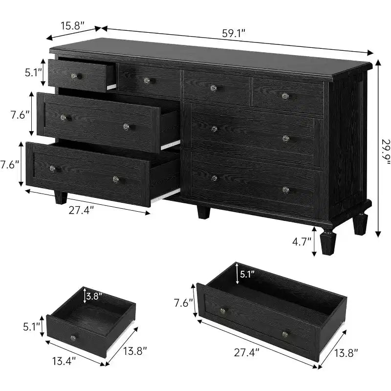 Comò a 8 cassetti per camera da letto, mobile TV vintage da 150 cm con maniglie intagliate e gambe affusolate, cassettiera in legno con grande capacità di archiviazione