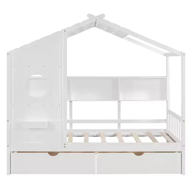 Letto a casetta in legno per bambini, piazza singola/matrimoniale, con 2 cassetti e ripiano portaoggetti - ModernLuxe
