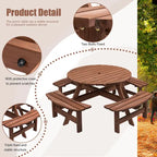 Set da pranzo rotondo da picnic per 8 persone in legno di abete da esterno con 4 panche integrate e foro per ombrellone