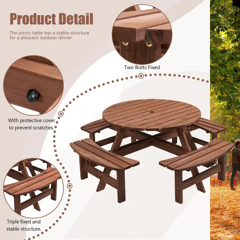 Set da pranzo rotondo da picnic per 8 persone in legno di abete da esterno con 4 panche integrate e foro per ombrellone