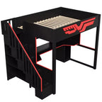 Letto a soppalco da gioco completo con scrivania e luci LED, letto a soppalco alto in legno a una piazza e mezza con scala e scala portaoggetti e USB, rosso+nero