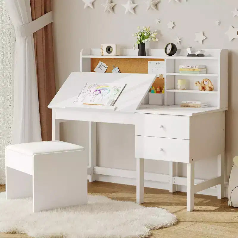 Set scrivania e sedia per bambini, tavolo da studio in legno con piano inclinabile regolabile, cassetti e bacheca in sughero - Set scrivania per lo studio dei bambini