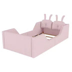 Whisen Twin - Letto a piattaforma, Letto imbottito da pavimento per bambini con cuscino a coniglio, Sponde laterali rimovibili