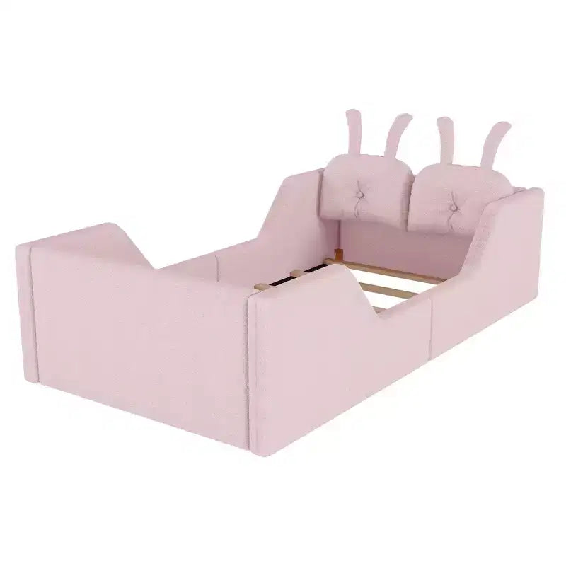 Whisen Twin - Letto a piattaforma, Letto imbottito da pavimento per bambini con cuscino a coniglio, Sponde laterali rimovibili