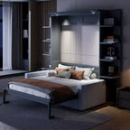 Letto a muro a scomparsa Whisen Modern Design con struttura in legno, Queen Size, con divano e mensole