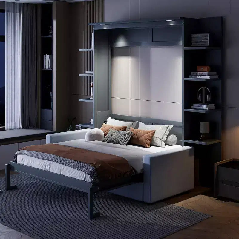 Letto a muro a scomparsa Whisen Modern Design con struttura in legno, Queen Size, con divano e mensole