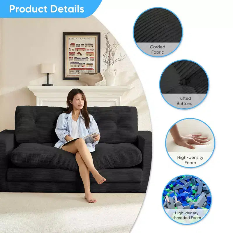 Mjkone Divano letto futon convertibile 2 in 1 da 180 cm, in tessuto a coste, pieghevole, con bottoni trapuntati, divanetto salvaspazio