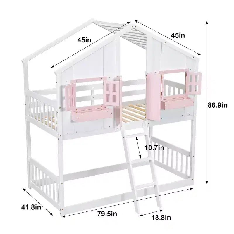 Letto a soppalco a forma di casetta con scaletta e spondine per bambini, in legno, misura singola
