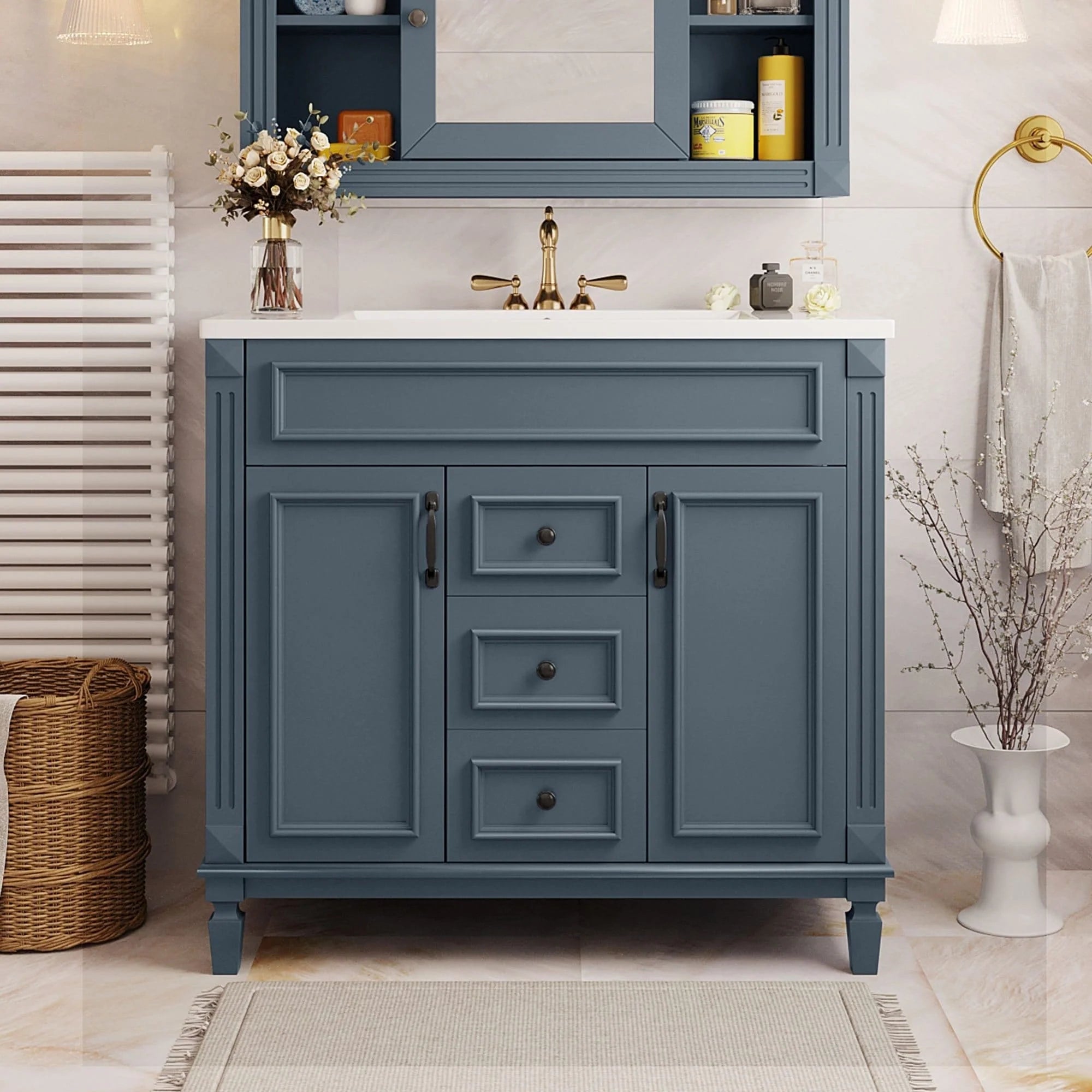 Mobile Bagno Moderno da 90cm con Lavabo Integrato e Specchiera, 2 Ante e 2 Cassetti
