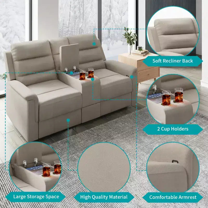 Divanetto reclinabile in tessuto tecnico beige/grigio, 2 posti, schienale e poggiapiedi regolabili