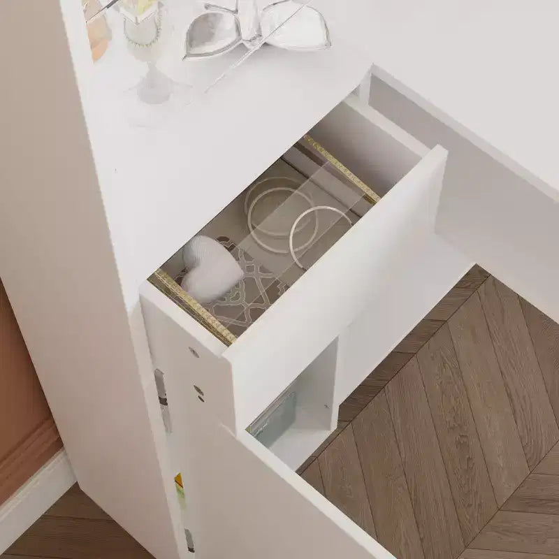 Tavolo Unghie Bianco con Aspiratore Integrato, Vetrina in Vetro Temperato, Maniglie Dorate, Postazione Salone Unghie, Tavolo Trucco