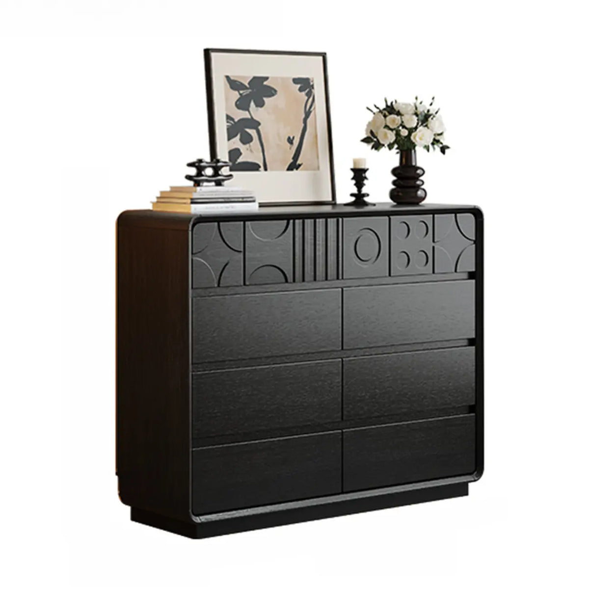 Cassettiera in legno ispirata all'Art Déco con intagli geometrici