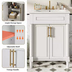 Mobiletto da bagno 61 cm con lavabo in ceramica, mobile stile shaker, 2 ante con chiusura ammortizzata, struttura in legno massello per bagno piccolo o bagno di servizio